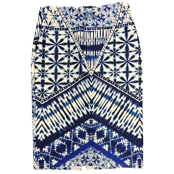 💙 Ashley Stewart Size 12 Pencil Skirt Blue White Geometric Boho Y2K Stretch - Picture 1 of 4